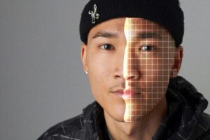 young man's face with ai robot lines