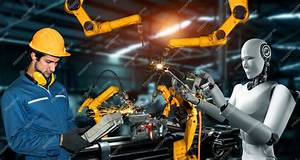 human worker and bot collaborating in a factory