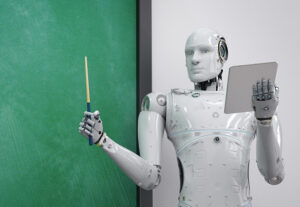 A robot working as a teacher giving instructions on a chalk board