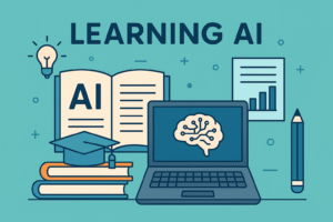 Illustration of AI training and business learning tools, featuring a laptop with brain icon, book labeled AI, graduation cap, and bar chart, symbolizing how businesses can learn and apply artificial intelligence.