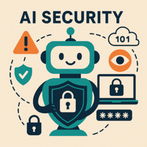 Whimsical illustration of a chatbot holding a security shield, surrounded by digital privacy icons